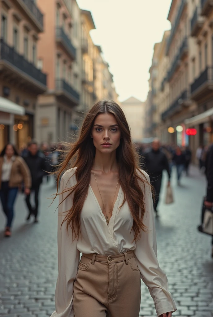 hyperrealistic photography, mignon , 30 ans, longs cheveux bruns, longue robe rouge prèsdu corps, photo nette, regarder le spectateur, Brown hair, Rue de Barcelona The Holy Family behind, Long dark brown hair, corps parfait, Model you are looking for, photo réaliste d'une fille. Debout dans un parc , regarde la caméra avec les jambes croisée 