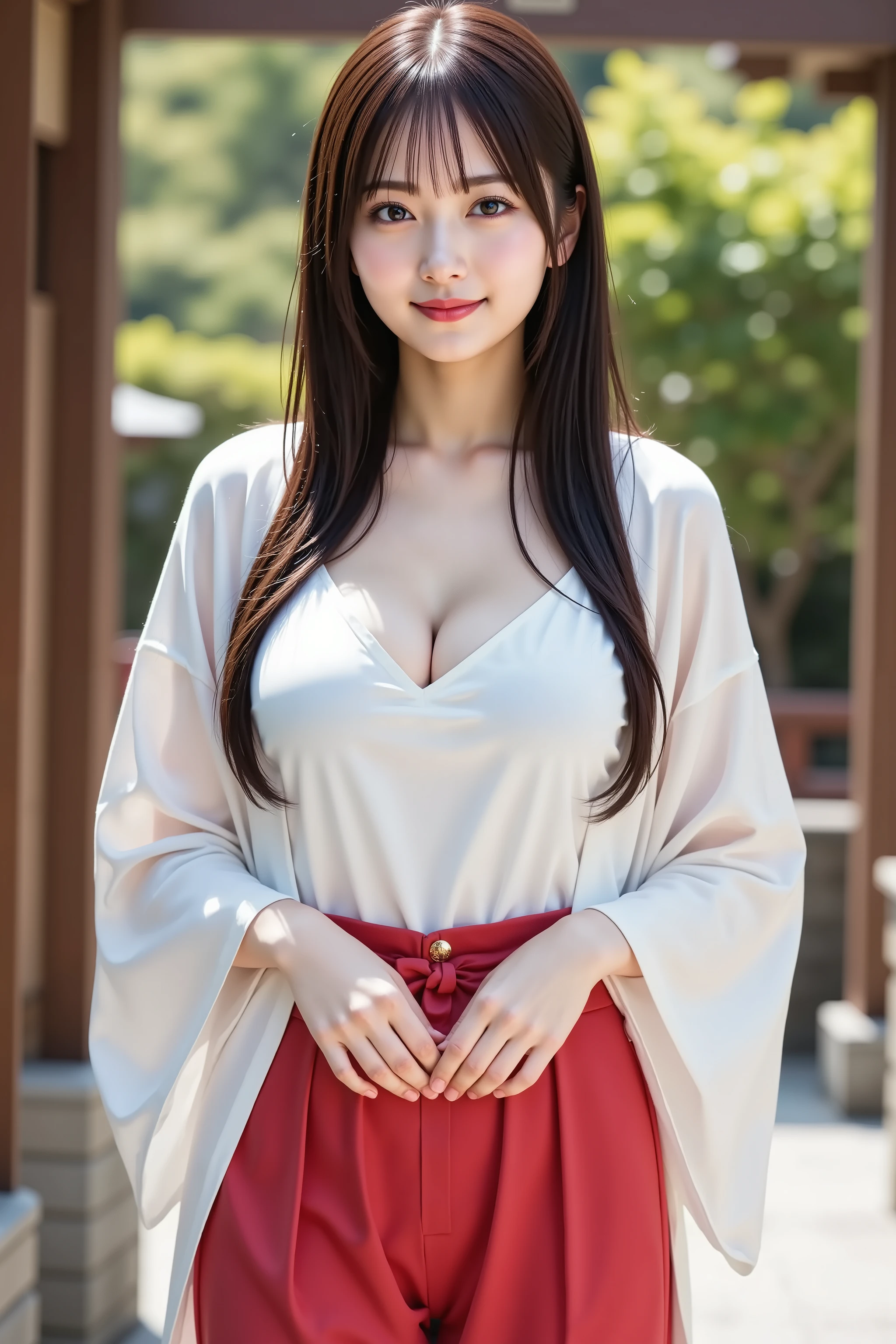 big breast, A highly detailed, ultra-realistic digital illustration of a beautiful young Asian woman, with her full body clearly visible and entirely included in the frame. She is gently smiling with softly blushed cheeks, clear luminous skin, and glossy pink lips. Her large, expressive eyes are captivating, enhanced by natural, elegant makeup. Her long, smooth black hair is styled neatly with soft bangs. She is dressed in traditional miko attire, featuring a white haori (kimono jacket) and red hakama (pleated trousers), symbolizing purity and elegance. The background showcases a serene Shinto shrine setting, with traditional wooden torii gates, stone lanterns, and lush greenery, enhancing the cultural ambiance. The image quality is pristine, sharply detailed, and ideally suited as an 8K wallpaper.