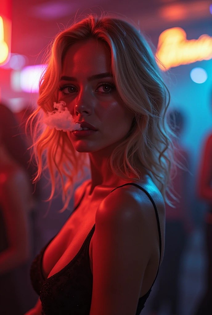 blonde woman lighting a cigarette, stylish like a rockstar in a pub!