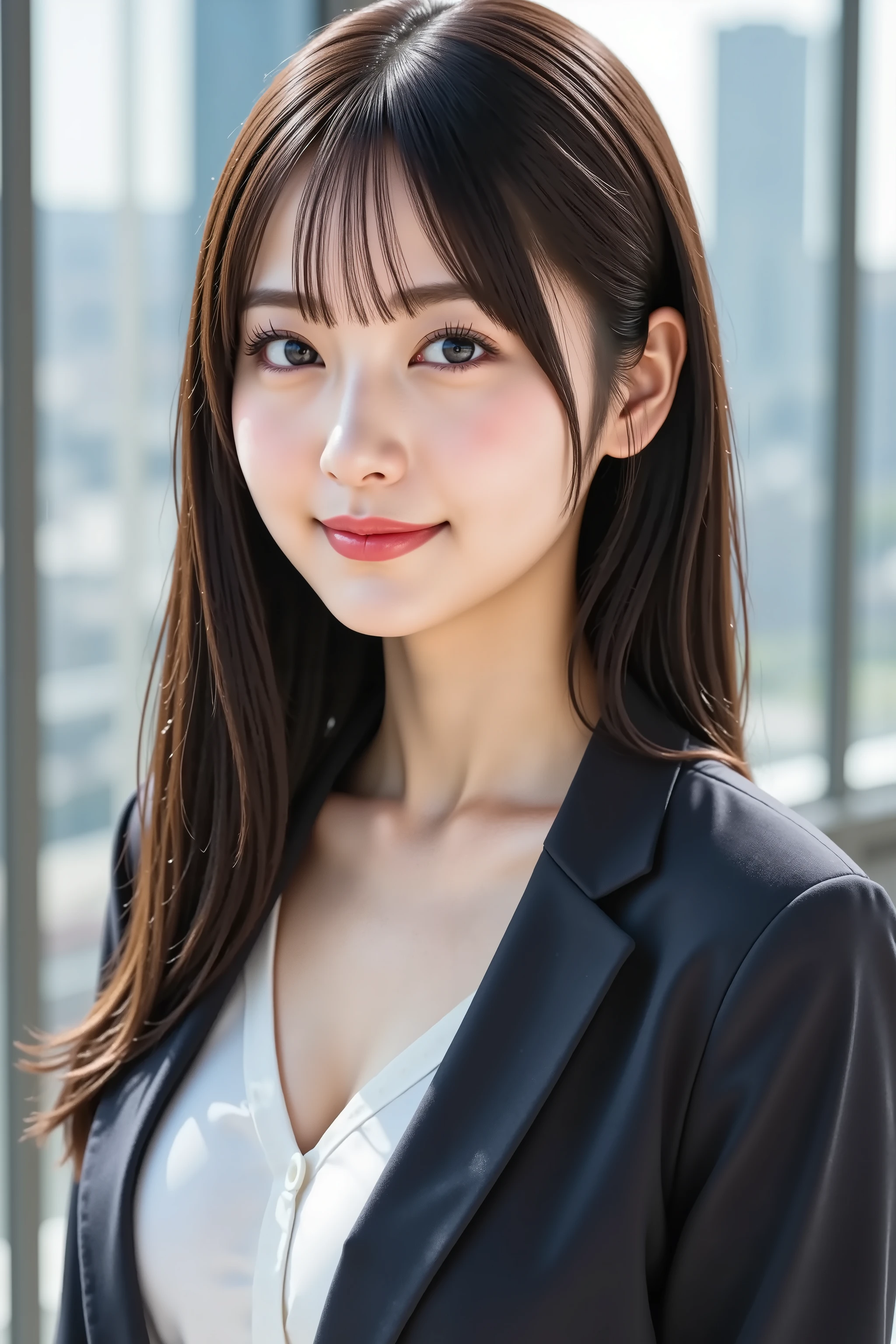 Professional Asian Businesswoman in Suit - Close-Up Portrait
A medium close-up shot, ultra-realistic digital illustration of a charming young Asian businesswoman with large breasts, depicted from just above her chest upwards. Her radiant, porcelain-like skin has softly blushed cheeks, complemented by a warm, inviting smile that reveals her teeth. Her large, expressive eyes sparkle with confidence and intelligence, framed by delicate eyelashes and subtle professional makeup.
Her long, sleek black hair is styled professionally, with some falling elegantly over her shoulders and soft bangs framing her face. She wears a tailored dark business suit with peaked lapels and a crisp white blouse underneath. The suit jacket fits her generous bust perfectly, with the top buttons of her blouse undone just enough to maintain professionalism while hinting at her curvaceous figure.
A delicate pendant necklace adorns her neck, adding a touch of refined femininity to her powerful business appearance. Her ears feature small, tasteful stud earrings that catch the light subtly.
The background showcases a modern, glass-walled office filled with natural light. Through the transparent walls, a cityscape is visible with tall skyscrapers and urban architecture, suggesting a high-floor executive office. The office environment features sleek, minimalist furniture, enhancing the contemporary corporate ambiance.
The lighting creates a professional yet flattering effect, with soft highlights accentuating her facial features and the texture of her suit. The image is rendered in stunning 8K resolution, capturing every intricate detail from the fabric texture of her suit to the confident gleam in her eyes, presenting the perfect balance of professionalism and feminine charm.