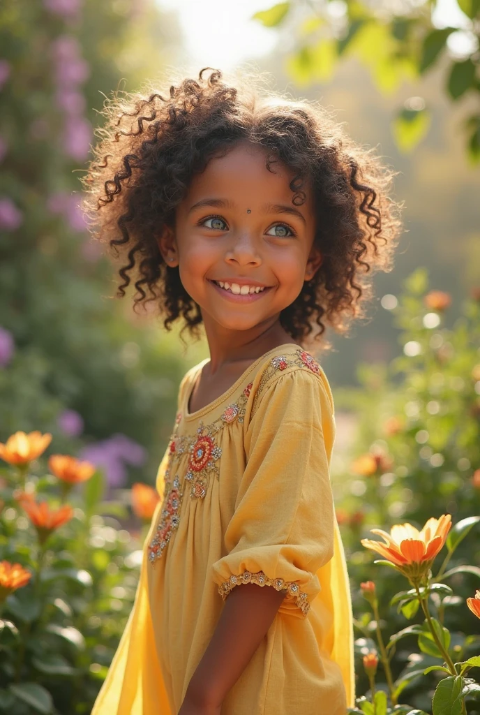  4 year old black girl, curled hair, with yellow dress, is not smiling