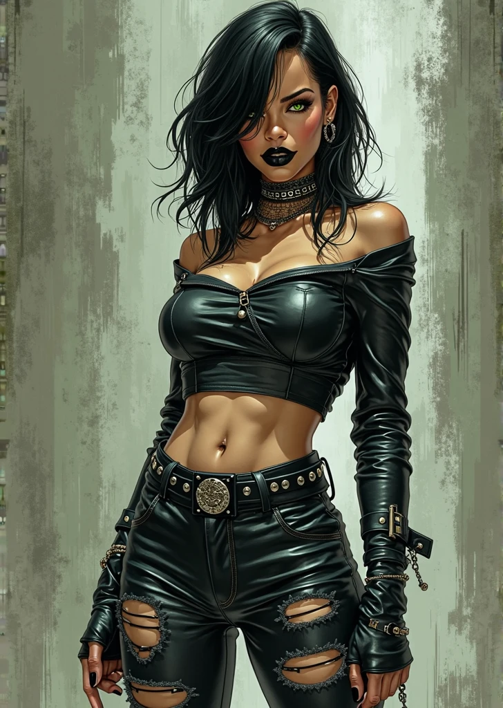 Here's the full description with the added detail about the red nail polish:
---
The image shows a striking female character with a confident and fierce presence. She has long, flowing black hair and a well-defined, athletic build. Her outfit is a mix of futuristic and edgy fashion, emphasizing a strong and bold appearance:
1. **Outfit**:
- **Top**: She wears a black, cropped, leather-like top that highlights her midriff, with a high neckline. The top has metallic details around the shoulders and chest, adding a sense of toughness.
- **Jacket**: Over the top, she has a black jacket with gold accents. The jacket has a military-inspired design with epaulets on the shoulders and intricate detailing on the sleeves.
- **Pants**: She is wearing high-waisted, form-fitting black pants that have a sleek, shiny finish, giving them a high-tech or futuristic vibe. The pants have gold accents that match the detailing on her jacket.
- **Belt**: Her belt is a unique, multi-buckle design in gold, emphasizing her waist and adding a utility feel to her outfit.
- **Accessories**: She is adorned with large, dangling gold earrings and a choker necklace with a small pendant. The accessories contribute to her commanding and powerful appearance.
2. **Makeup and Tattoos**:
- **Makeup**: Her makeup is bold, with a focus on red lipstick and dark, smoky eyes. There are small, red designs on her cheeks that resemble tattoos or war paint, adding to her fierce look.
- **Tattoos**: There is a small tattoo near her right eye, enhancing her edgy and rebellious aesthetic.
3. **Fingers and Nails**:
- Her fingers are adorned with **vibrant red nail polish**, adding a pop of color to her look. The glossy finish of the nail polish contrasts with her sleek, dark outfit, enhancing her bold and stylish appearance.
4. **Pose and Expression**:
- She stands with her shoulders back and head held high, exuding confidence and authority. Her expression is serious and intense, as if