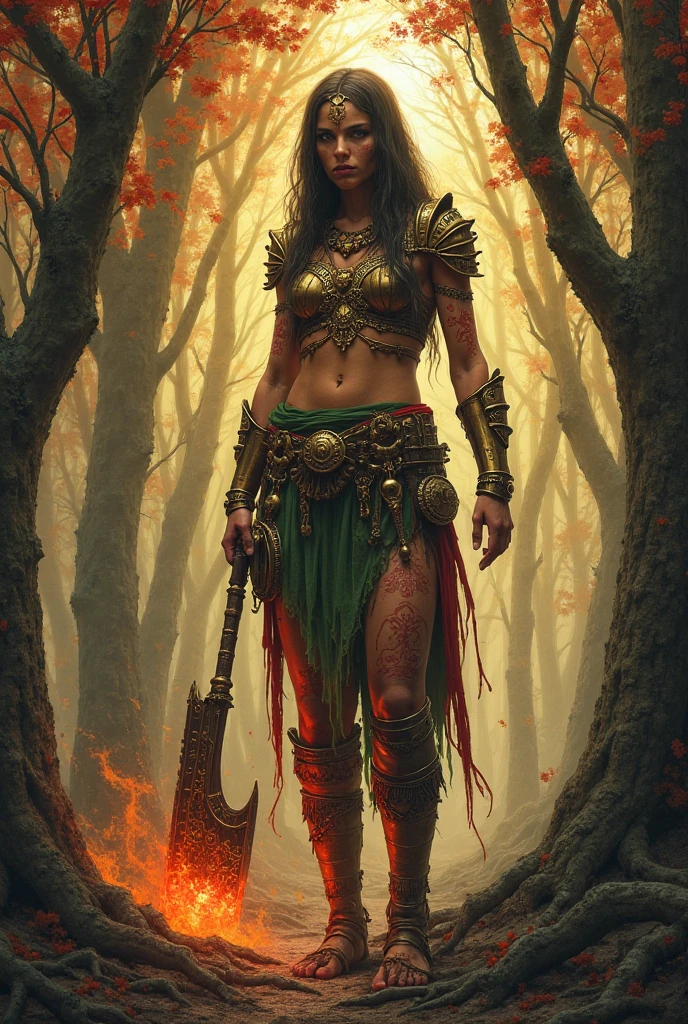warlike Amazon in a wild fight (dark aura), (irony, sarcasm, funny situation), (heavy metal opus), (action-packed film scene), (epic fantasy masterpiece), (detailed faces and bodies), (expression of despair), (macabre mixture of horror and fantasy), (scene from Dungeons & Dragons),