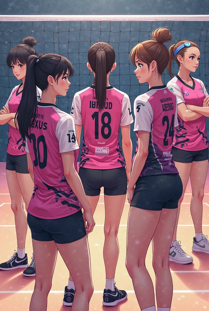 Sassy volleyball jersey uniform layout for a diverse team named Polaris Nexus color combination pink with white and dark grey haikyuu style