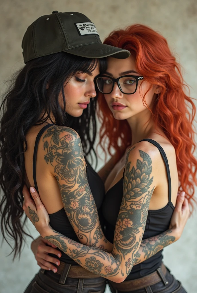 Two lesbian girls with tattoos that say. Sabrina and Carolina
