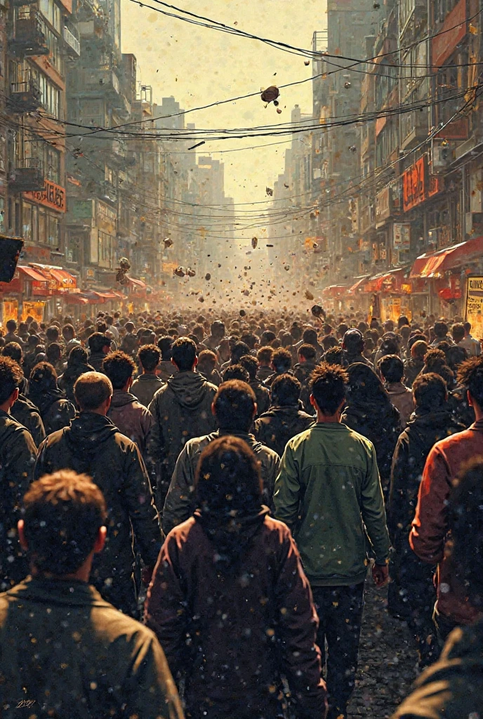 A crowded street with people gathering, media reporters taking photos, and citizens running in panic, creating a tense and chaotic atmosphere, ,in the style of the stars art group xing xing, 32k, best quality, masterpiece, super detail, high details ,