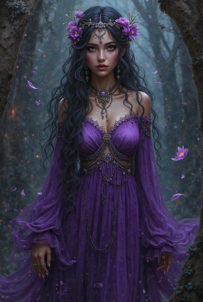 A beautiful and attractive woman wearing beautiful amethyst jewelry, wearing a long purple amethyst dress and amethyst ring necklace background, amethyst stone on the third eye chakra.