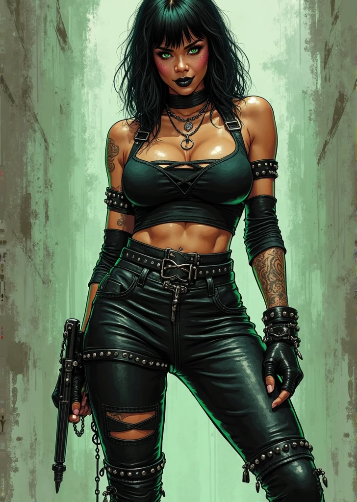 Cyberpunk 2020, Cyberpunk, young Rogue Amendiares from Cyberpunk, Perfect Face, Perfect body, white tank top, leather jacket, jeans, punk hairstyle, dark makeup, tattoos, the legend ,Afterlife bar Interior, INK, Splash Art, Sharp Focus, Smoke, Sparks, Painting Concept ART of Detailed Character, 4K,