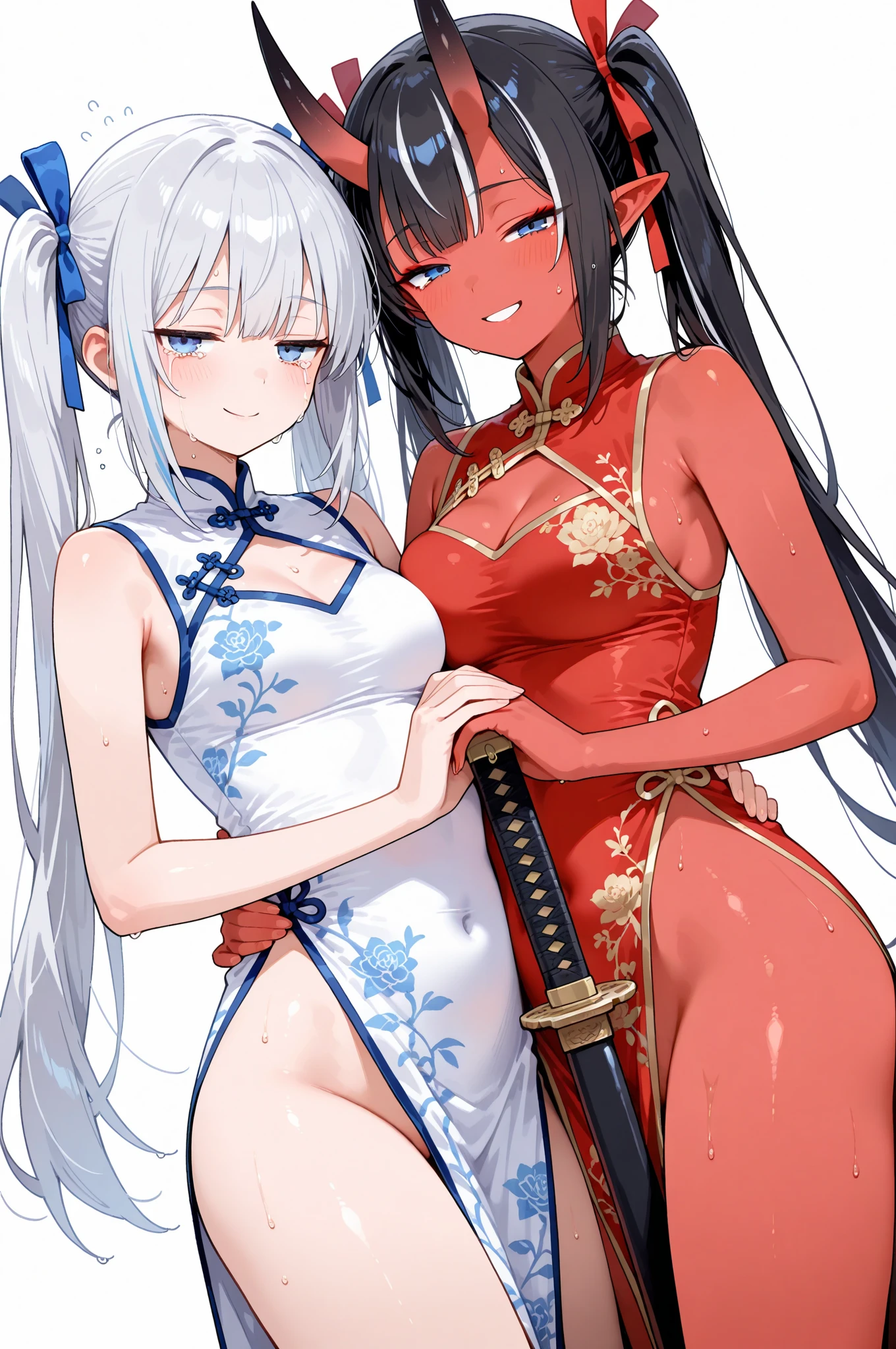 1 girl with long white hair, 1boy wears a red shirt, red eyes, silver hair, creampie, sex from behind ,Spread legs,vaginal , juice, The ocean is full of water,Broken flower clothes,on cheongsam,Undersea Banquet
