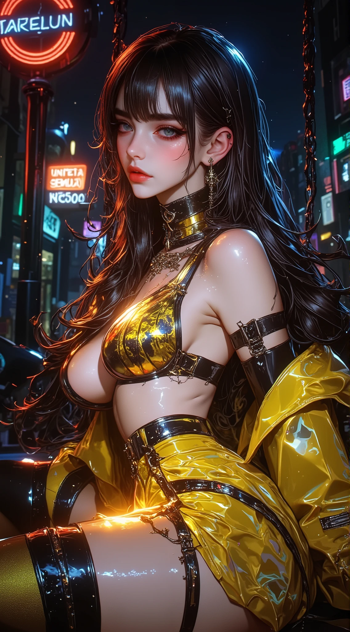 ((((Shiny silver accessories)))), ((((In the storm where thunder shines)))), ((((wet and glowing skin)))), (((Black Hair))), ( backlit), ((Super wet skin)), ((Fluorescent color)), (((In-depth images))), brunette girl, big Smile, super beautiful glowing eyes、hanging from the ceiling with his arms tied with a rough rope、sweat、The rope bound her body、wet body、 Legs Hanging from Shackles 、 and a large amount of fluid flows out of your crotch、 One leg is suspended on top with a rough rope 、tied with a rope、Tightly bound、My hands are tied、 legs hanging in restraints (8K, live shooting , best quality, masterpiece: 1.4), Ultra-fine mesh, (Realism, photorealistic: 1.48), masterpiece、Top Quality、Super Detail、8K、Detailed light、 detailed shadows 、Raw、(Detailed skin)、(Realism: 1.2)、18 years old、long hair、lace underwear、In the torrential rain, masterpiece, Top Quality, 超high resolution, (realistic:1.4), beautiful face in every detail, High Quality Clothing, (masterpiece:1.3), (8k、best quality work:1.4), (top quality, high resolution), (1 Girl:1.3), (alone:1.3), ( Mizuki Yukikaze), (hair bow, Frill collar , Blog, One Piece Tan, sleeves apart , corset before dildos insertion, frills, heart cutout, micro panties, bridal garter, high heels), ( 完璧なversus称的な顔), Beautiful eyelashes, (Nose blush:1.3), (flat chest:1.4), ( beautiful thighs), ((Accurate Arm, sex, Accurate legs)), (perfect anatomy), sunburn, Wheat-colored skin, ( High Detail Skin : 1.2), dynamic angle, (Midnight Metropolis , decadent and futuristic urban area ). ( Advanced Future Cars ), (cyberpunk background, Blade Runner), volumetric lighting, bright color, (hair bow, elbow bag, fingerless gloves, ruffle leotard, fur trim, black leotard, Knee-length boots, versus. demon ninja suit , One Piece Tan),