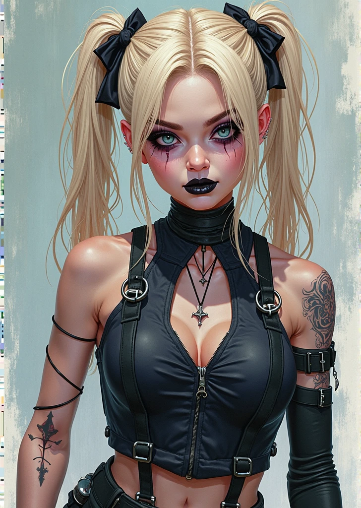 50's Style. Pretty Blonde Girl's Face with Long Hair with Tattoos on Face and Neck Black make-up and black lipstick. Cholo style. Pin-Up Retro Style. White Background