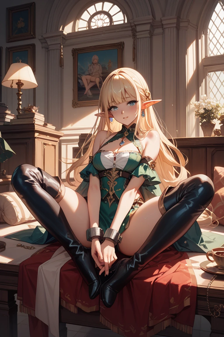 (masterpiece, top quality, best quality, official art, beautiful and aesthetic:1.2), (high resolution, absurd resolution, 8k resolution, 4k resolution:1.3), (intricate, complex, retouched image, hdr:1.8), (sharp focus:1.5), (digital painting:0.8), (anime:1.8), color graded, soft lighting, intense shadows, detailed background, (detailed face), (red bird wings :1.3), (detailed yellow eyes:1.3), (elf ear), (multiple horns), long blonde hair, hair tied on tip, thin waist, sexy legs, (red casino delear costumes), black stocking, blushing, smile, standing