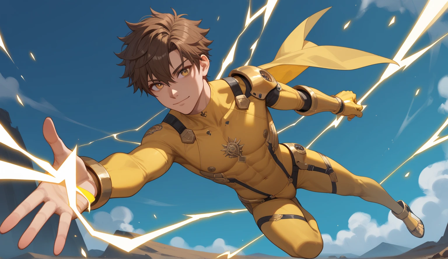 a superhero boy with black hair and yellow eyes, full yellow costume, flying in space, (best quality,4k,8k,highres,masterpiece:1.2),ultra-detailed, studio lighting,extremely detailed face and eyes,intricate superhero costume,dynamic action pose,glowing yellow energy,sci-fi space background,cinematic lighting,vibrant colors