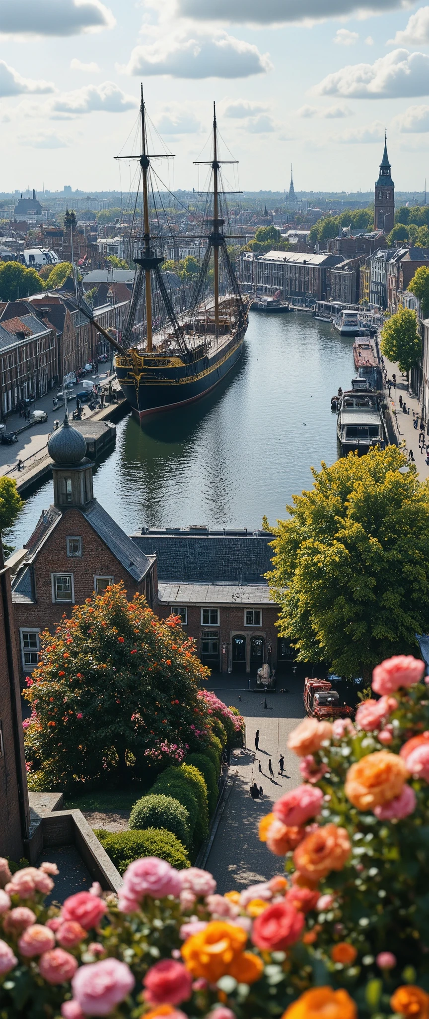 masterpiece、 Best quality images、images of Amsterdam's good seasons、Amsterdam harbor、overlooking the harbor and city、Large ships、beautiful colored seascapes、buildings and harbor facilities、colorful flowers、nature、charming city area、Port of Naplesが詳細に書かれており、high resolution、PHOTOREALISM、very detailed、complicated、High detail、Dramatic、Scenery seen from above。