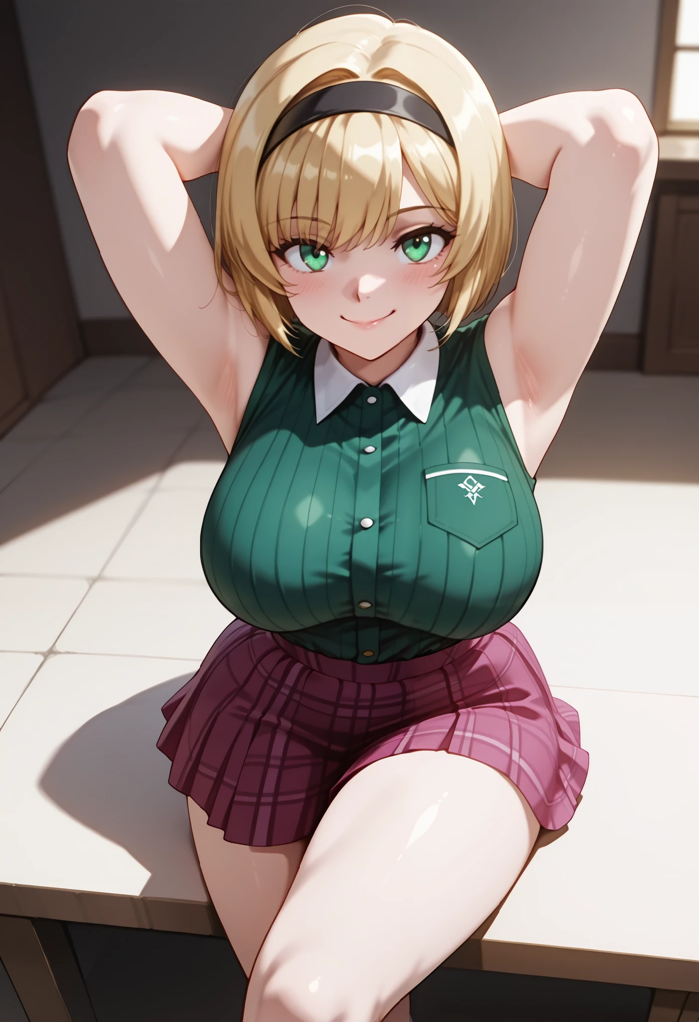 (dynamic angle, wide view, wide-angle lens, extremely detailed, CG, 8k Amazing, finely detail)), (intricate details, depth of field), 8k UHD, (masterpiece, best quality), ((amazing quality,very aesthetic,absurdres,best quality,newest, masterpiece)), ultra detailed, best quality, beautiful face, perfect anatomy, anatomically correct, athletic sexy body, Expressiveh, (cute face, cute body))), ((happy girl, proud to show her body)), ((((Miki H, blonde hair, bobcut, short hair,bangs, green eyes, black hairband, large breast, green striped shirt, sleeveless shirt, white collar, plaid pink miniskirt, white socks))), ((large breasts, slim sexy body, curvy hips, seductive pose, flirting, naughty face, blush)), (((looking at viewer, happy smile, joy, cowboy shot, dynamic pose)))), curvy, toned, athletic, sitting, arms up, crossed legs, (((seductive pose, sexy pose, cowboy pose)), indoors,((hourglass figure)), ((pinup pose, seductive pose,dynamic pose, seductive), ((precise face and eyes:1)) , ((looking at back, full body shot, hourglass figure, wide hips)))), fantasy, outdoors, ((highly detailed, highres, 8k, uhd, High Dynamic Range, tonemapping, crisp details, intricate details, fine details)), ((highly detailed skin texture, finely detailed hair, perfect face, perfect body, perfect hair, perfect anatomy, portrait)), (((close up view, above view, side shot)))
