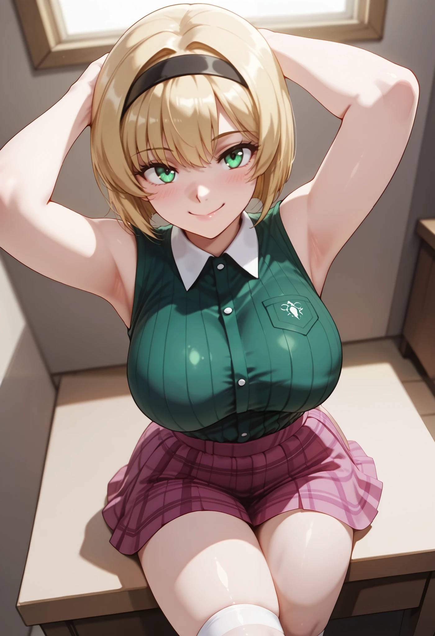 (dynamic angle, wide view, wide-angle lens, extremely detailed, CG, 8k Amazing, finely detail)), (intricate details, depth of field), 8k UHD, (masterpiece, best quality), ((amazing quality,very aesthetic,absurdres,best quality,newest, masterpiece)), ultra detailed, best quality, beautiful face, perfect anatomy, anatomically correct, athletic sexy body, Expressiveh, (cute face, cute body))), ((happy girl, proud to show her body)), ((((Miki H, blonde hair, bobcut, short hair,bangs, green eyes, black hairband, large breast, green striped shirt, sleeveless shirt, white collar, plaid pink miniskirt, white socks))), ((large breasts, slim sexy body, curvy hips, seductive pose, flirting, naughty face, blush)), (((looking at viewer, happy smile, joy, cowboy shot, dynamic pose)))), curvy, toned, athletic, sitting, arms up, crossed legs, (((seductive pose, sexy pose, cowboy pose)), indoors,((hourglass figure)), ((pinup pose, seductive pose,dynamic pose, seductive), ((precise face and eyes:1)) , ((looking at back, full body shot, hourglass figure, wide hips)))), fantasy, outdoors, ((highly detailed, highres, 8k, uhd, High Dynamic Range, tonemapping, crisp details, intricate details, fine details)), ((highly detailed skin texture, finely detailed hair, perfect face, perfect body, perfect hair, perfect anatomy, portrait)), (((close up view, above view, side shot)))