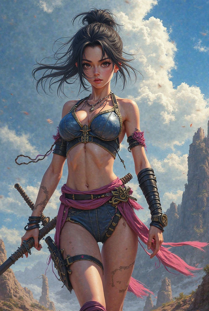 thick thighs, armpits, sideboob, fantasy, small breasts, shinobi, strong back light, soft ambient main light, soft fill light, wide aperture lens, 