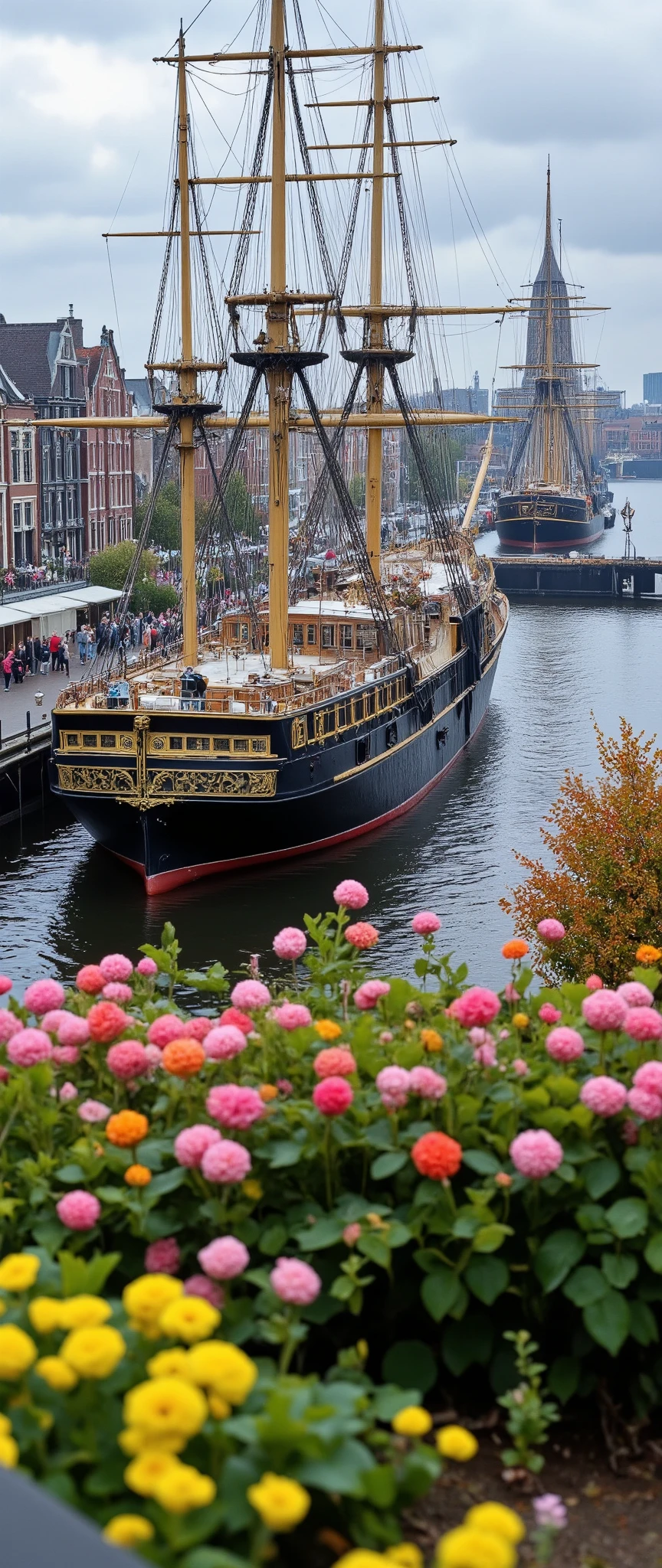 masterpiece、 Best quality images、images of Amsterdam's good seasons、Amsterdam harbor、overlooking the harbor and city、Large ships、Beautiful Colored Ocean Scenery、buildings and harbor facilities、Colorful Flowers、nature、charming city area、Port of Naplesが詳細に書かれており、high resolution、PHOTOREALISM、very detailed、complicated、High detail、Dramatic、Scenery seen from above。