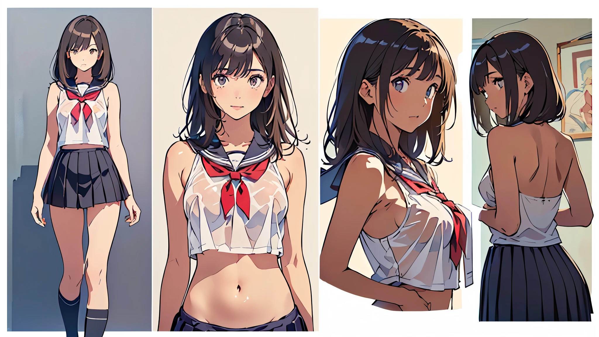 ((((realistic, painting, girl, 4K, masterpiece: 1.5, masterpiece: 1.5, best quality: 1.5, high resolution: 1.5, perfect head: 1.5, ultra detailed illustration: 1.5, beautiful eyes: 1.5, nude: 1.5, character concept art: 1.5, official art, ultra detailed, high detail, highly detailed and exquisite fan art, muted color, dark color, watercolor, popular character, best character, supreme character, popular character design, best character design, supreme character design, trendy character design, popular character hair color, popular character hair design)))),(((((age, young woman, woman, adult woman, lady, secondary sexual characteristics girl, adolescence, adolescent virgin, adolescent female genitalia, adolescent girl, adolescent girl, adolescent gal, adolescent gal girl, tanned girl, full body, whole body, realistic head and body proportions, head and body proportions appropriate for age, large breasts with secondary sexual characteristics, large breasts in the process of growing, character design sheet, multi-view, three-sided view, front view, side view, rear view, back view, full body shot looking back, same character, same role, scene with changing environment, various compositions, various angles, fan service, e.g. fan service))))),(((comparison between school uniform and naked, comparison between naked and school uniform, wearing a sheer school uniform all over the body, see-through school uniform, naked body visible through a sheer school uniform, naked body visible through a sheer school uniform fabric, female genitalia appropriate for age visible, standing posture showing whole body and buttocks appropriate for age, standing posture bending upper body showing whole body and buttocks appropriate for age, leaning upper body back and squatting showing armpits, standing posture showing armpits and buttocks, leaning upper body back a little and standing upright showing buttocks appropriate for age, full body upright posture with buttocks exposed, puberty sexy)))