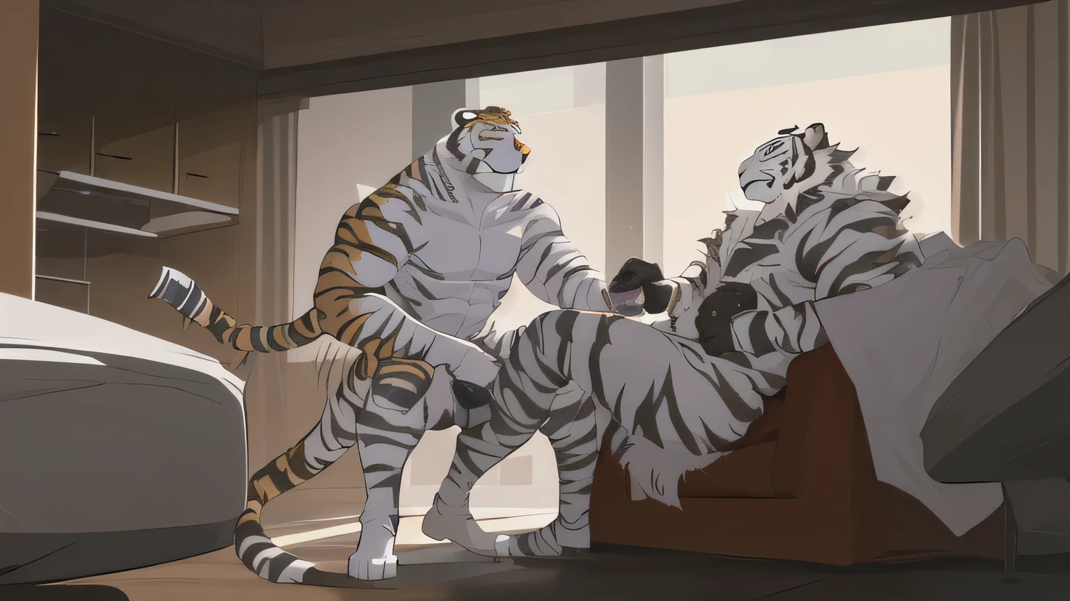 Mountain,1boy,furry_ male, male focus, wrap her whole body in a muscular,wrap her whole body in a muscular_ male,scar_Crossing_ eyes,furry,tiger_ear,tiger_stripe, mature_ male,tiger_boy,Gentle_Thighs,tiger_Tail,tiger_Print,scar,two-tone_fur,
(( masterpiece,is the best quality)), brainwashing,Hypnosis, alone, Laboratory, interior, wear latex tights , Good muscles , mask, Tilting angle ,Watch the owner