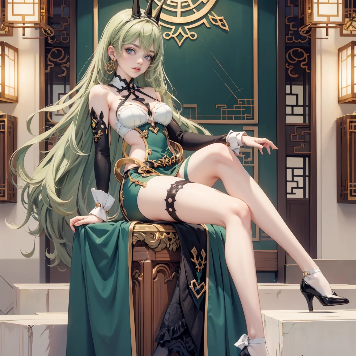 masterpiece, best quality, 1girl, aqua_nails, black_footwear, black_gloves, black_hair, black_nails, crossed_legs, gold_trim, green_hair, green_nails, high_heels, jewelry, long_hair, looking_at_viewer, nail_polish, shoes, sitting, smoke, solo, throne, yellow_nails
