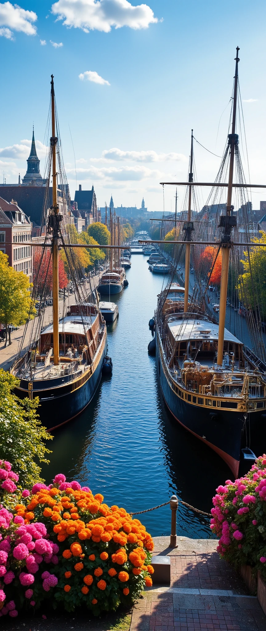 masterpiece、 Best quality images、images of Amsterdam's good seasons、Amsterdam harbor、overlooking the harbor and city、Large ships、Beautiful Colored Ocean Scenery、buildings and harbor facilities、Colorful Flowers、nature、charming city area、Port of Naplesが詳細に書かれており、high resolution、PHOTOREALISM、very detailed、complicated、High detail、Dramatic、Scenery seen from above。