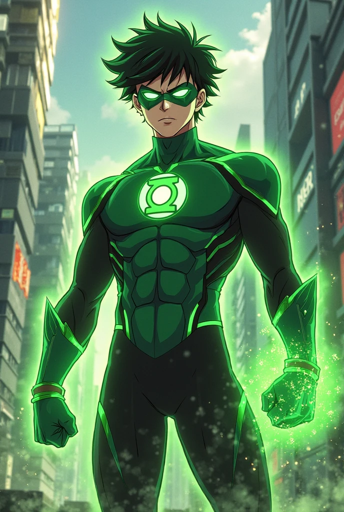 A handsome boy got a superpower, standing in air, wearing his own superhero suit, his eyes and body is realising green smoke