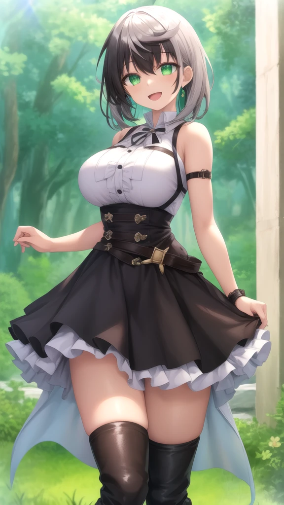 masterpiece, best quality, highly detailed, ultra high res, ayase arisa, 1girl, solo, hair ornament, short ash grey hair, side ponytail, glossy lips, sleeveless halter-top witch dress, witch dress, medium breasts, standing, thigh boots, forest, puffy skirt, layered skirt, tiered skirt