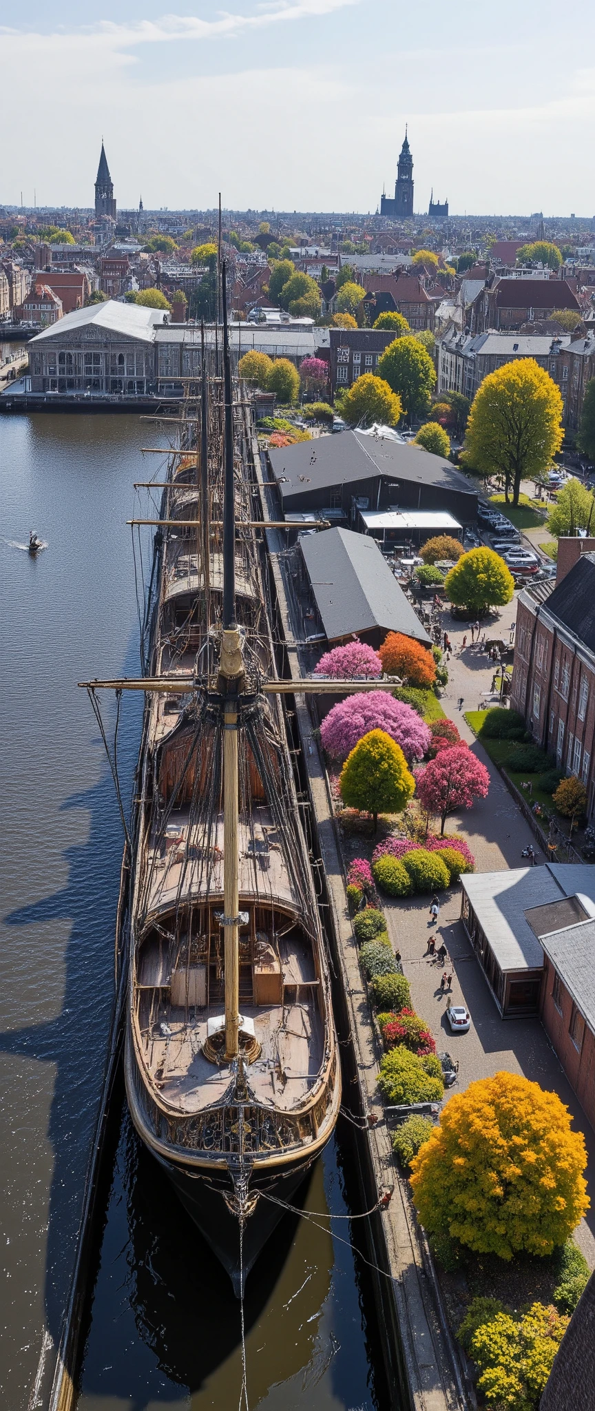 masterpiece、 Best quality images、images of Amsterdam's good seasons、Amsterdam harbor、overlooking the harbor and city、Large ships、Beautiful Colored Ocean Scenery、buildings and harbor facilities、Colorful Flowers、nature、charming city area、Port of Naplesが詳細に書かれており、high resolution、PHOTOREALISM、very detailed、complicated、High detail、Dramatic、Scenery seen from above。