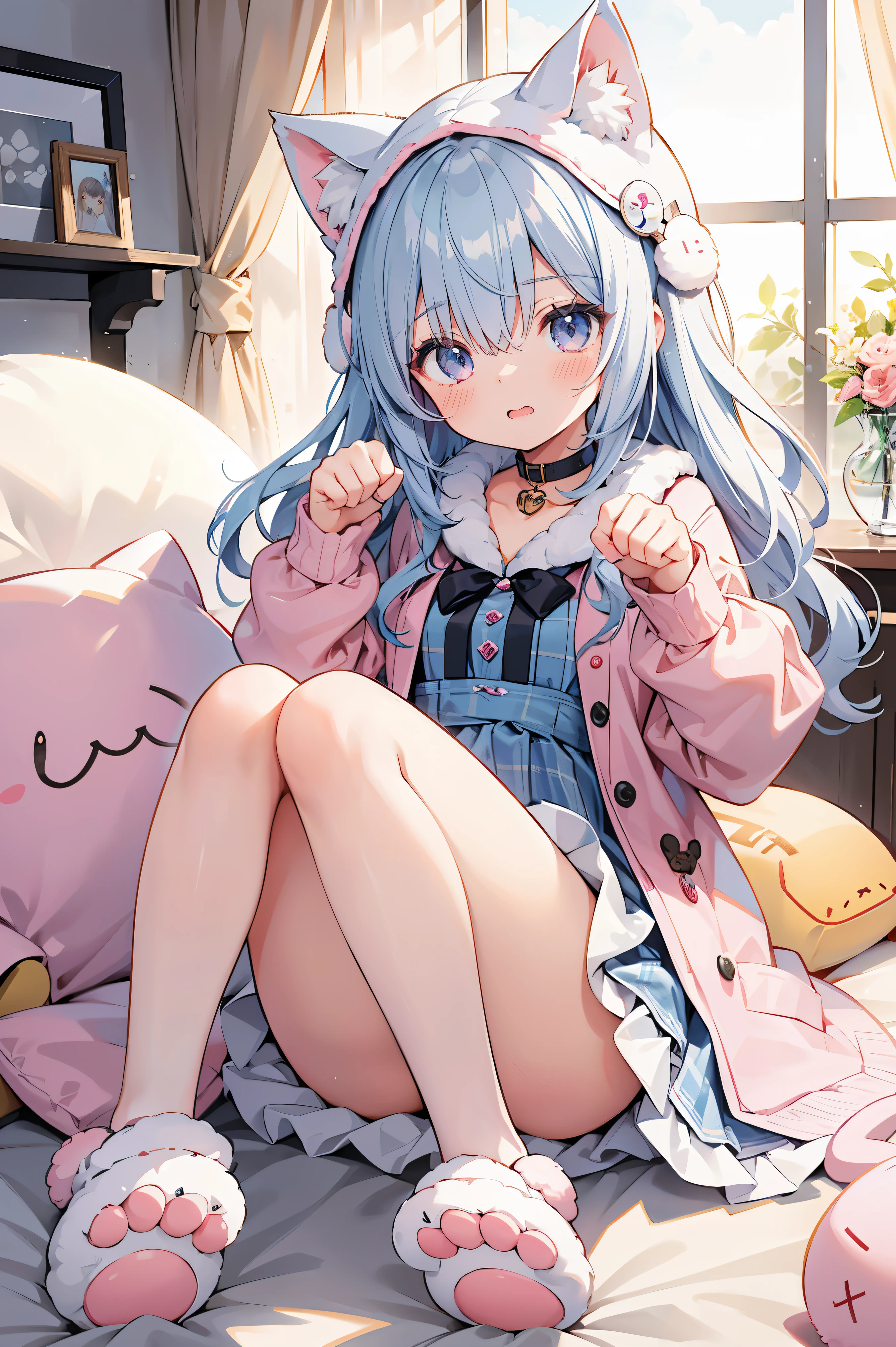 Anime girl sitting on a bed with a stuffed animal - SeaArt AI