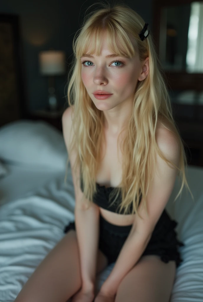 Sabrina Carpenter, In a bra, underwear, Window light, stockings, back, sitting