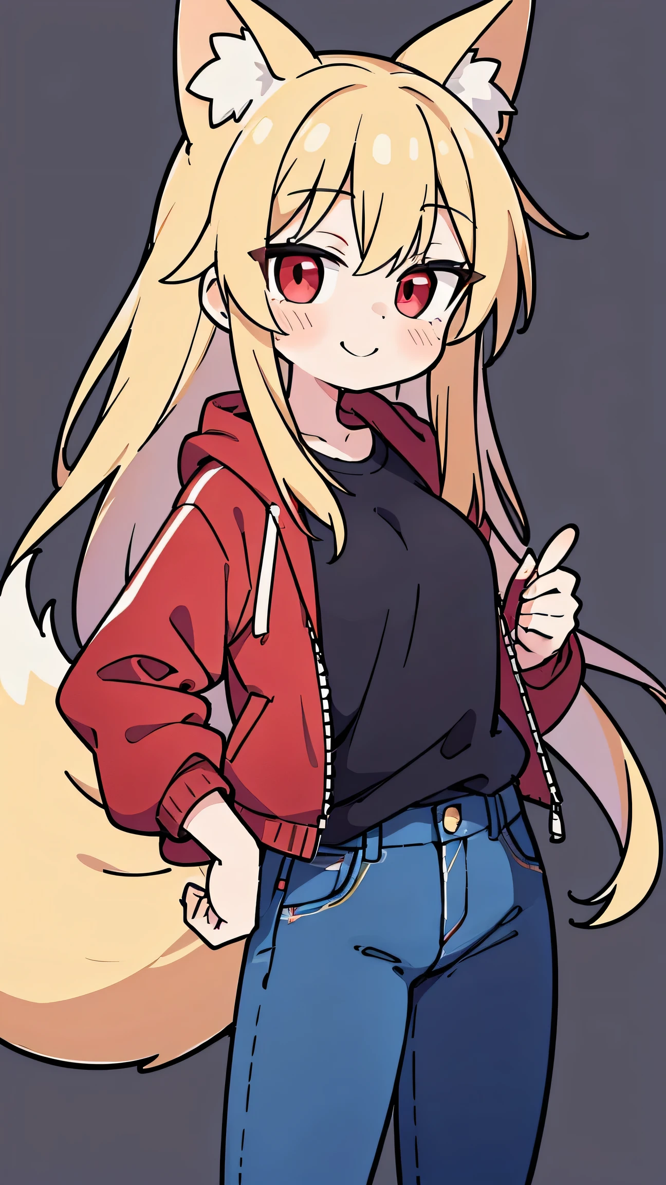 anime style、 cute face、 woman、 fox ears、Gold Hair、long hair、tail、red eyes、Red Jacket、jeans for 1 person、simple background、Cute mouth、smile