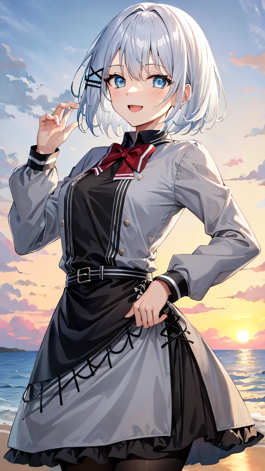 {{{masterpiece}}}, (best quality:1.5), (ultra-detailed:1.5), {illustration}, {{an extremely delicate and beautiful}}, (beautiful detailed eyes:1.6), absurdres, highres, extremely detailed face, 16k, hd, visual anime de uma jovem mulher, extremamente bonito rosto de anime, anime melhor garota, (perfect hands, perfect anatomy), anime face, Siesta (The Detective Is Already Dead), 1girl, solo, cute face, white hair, short hair, bangs, x hair ornament, sidelocks, blue eyes, (High resolution eyes, Beautiful eyes, Light in the eyes), medium breasts, big hips, curvaceous, BREAK, grey jacket, grey dress, long sleeve, grey sleeve, black shirt, red bowtie, black belt, black apron, grey skirt, mini skirt, black pantyhose, thighs, zettai ryouiki, BREAK, private clothes, winter clothes, mini skirt, BREAK, standing, looking at viewer, outdoor, sky, sea, evening, beach, nicebeach, waves, crowd of people, standing, smiling, open mouth, smirk, walk, sunset