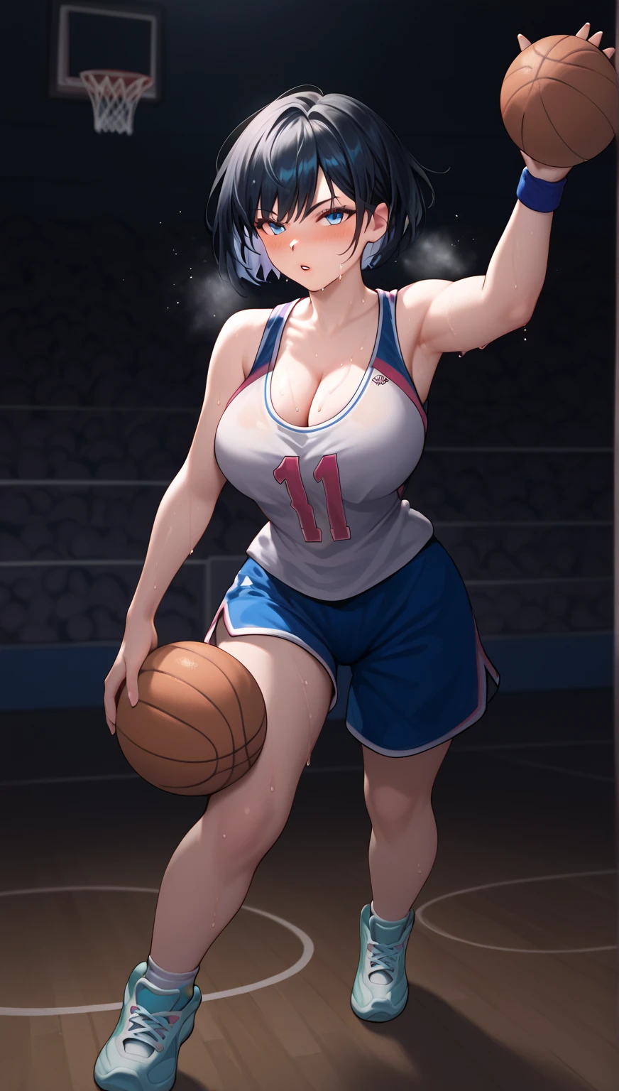 (Mastepiece, best quality, absurdres), close up shot, 1girl, ayanami rei, light blue hair, short hair, mature female, athletic female, eyeshadow, big boobs, thick thighs, big ass, wide hips, hip dip, Abs, holding a basketball in hand, wearing a basketball jersey, basketball court, looking at wiewer, sweating, 8k intricate illustration, dynamic pose, cinematic lighting, volumetric lighting, vibrant colors, ray tracing, intricate details,