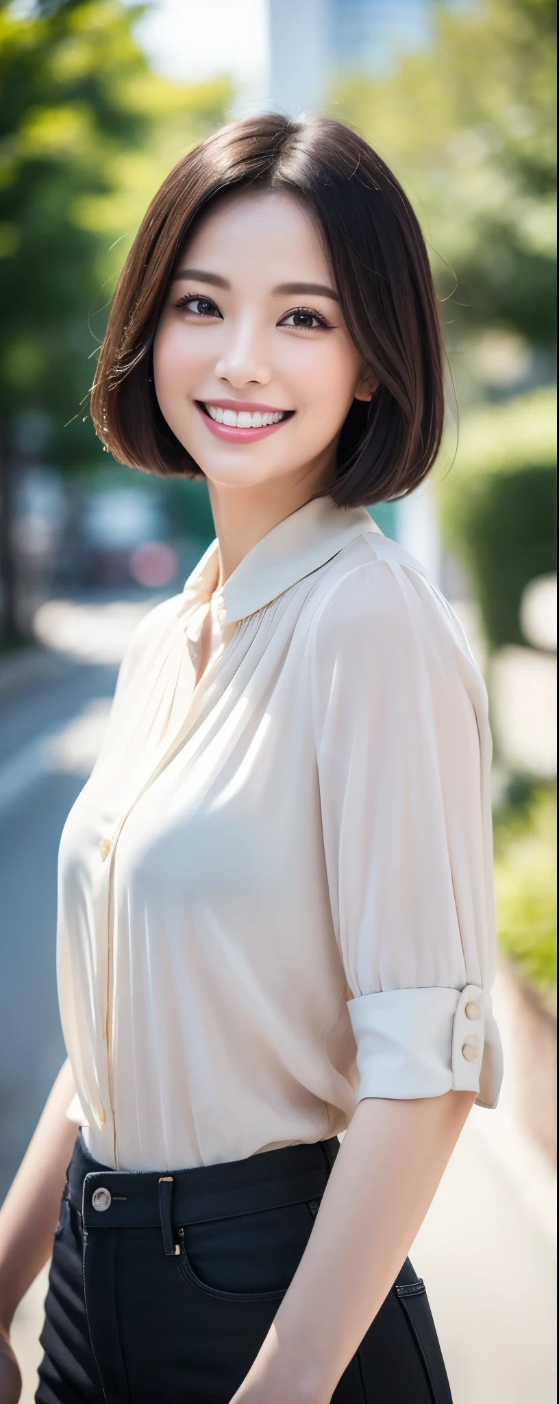 White blouse with long sleeves、Bob Hair