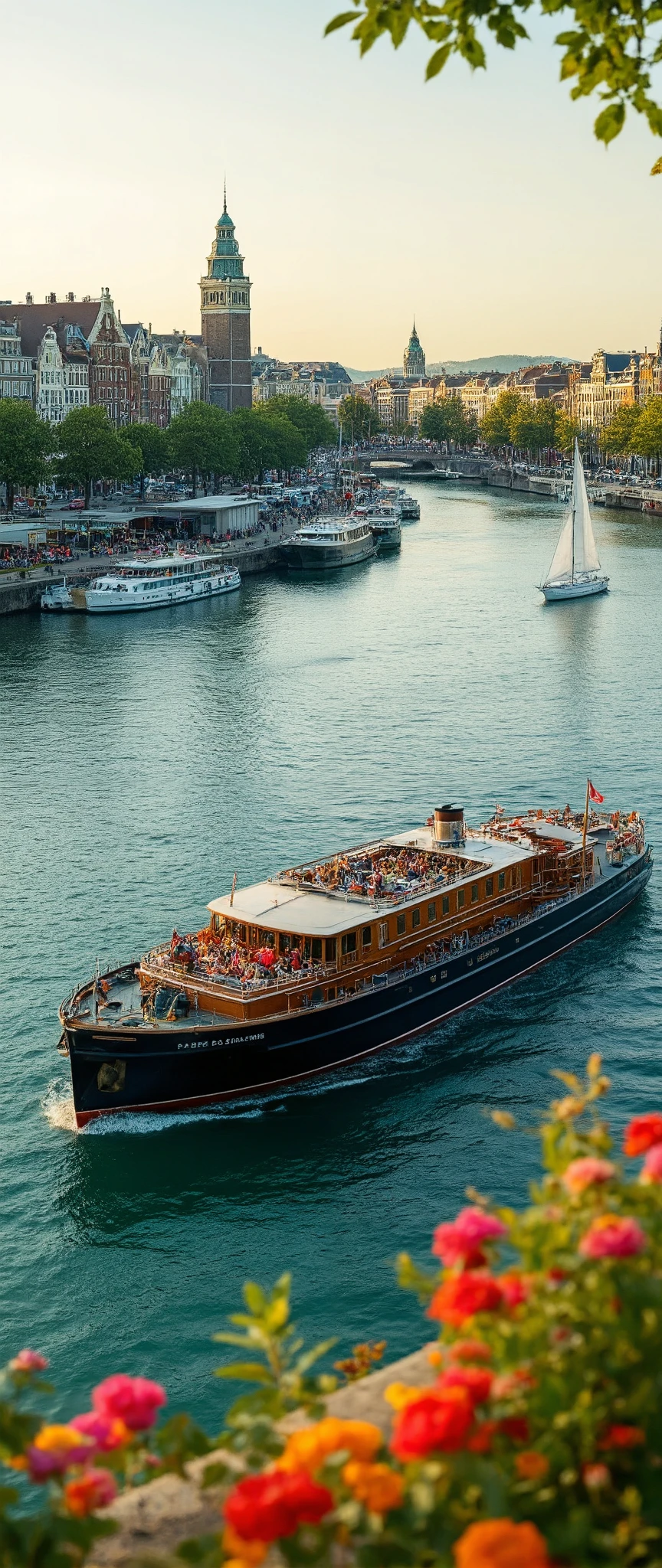 masterpiece、 Best quality images、images of Amsterdam's good season、Amsterdam harbor、overlooking the harbor and city、 large boat 、beautiful colored seascapes、Buildings and port facilities、colorful flowers、nature、charming city area、beautiful images of sailboats in the harbor、detailed、high resolution、PHOTOREALISM、very detailed、complicated、High detail、Dramatic、Scenery seen from above。