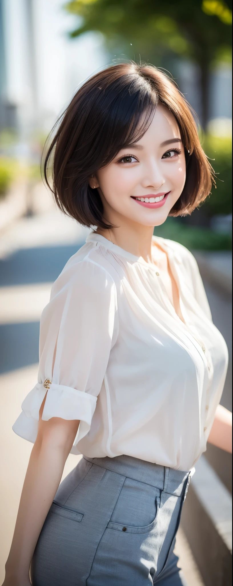 (real photo)（Ultra high definition）（masterpiece）（textured skin）（very detailed）（high quality）（最high quality）（first person perspective）16k ,Sky tree,woman in white dress shirt、smiling、blunt bangs bobcut