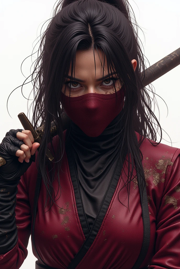 stunning rogue in red, lower face mask, she has long black hair pulled back in a ponytail, use deadly blade, fantasy illustration. image round frame integrated with whole composition