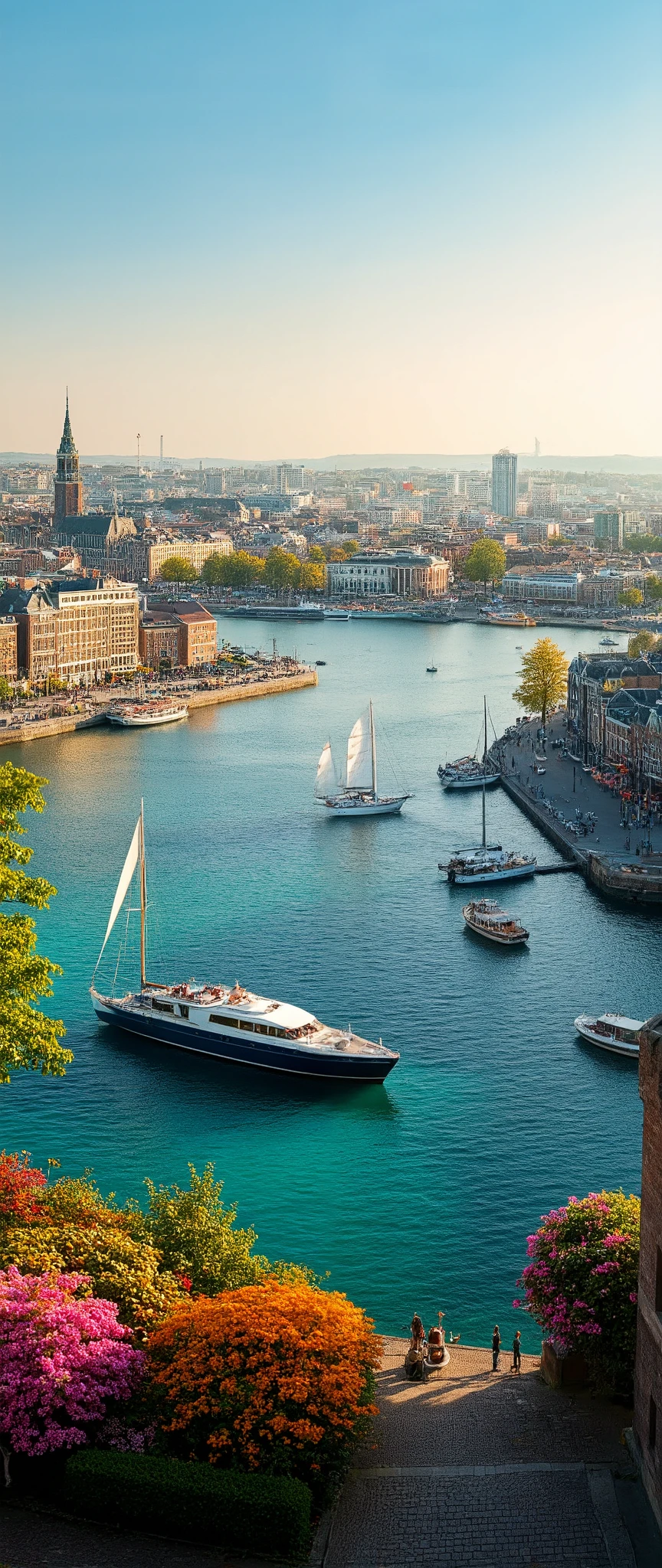 masterpiece、 Best quality images、images of Amsterdam's good season、Amsterdam harbor、overlooking the harbor and city、 large boat 、beautiful colored seascapes、Buildings and port facilities、colorful flowers、nature、charming city area、beautiful images of sailboats in the harbor、detailed、high resolution、PHOTOREALISM、very detailed、complicated、High detail、Dramatic、Scenery seen from above。