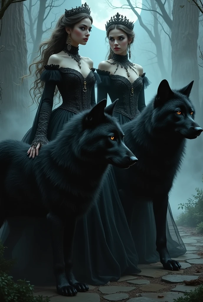 Woman with elegant dress, brown hair and green eyes next to another woman with black hair and green eyes next to them 4 black wolves 
