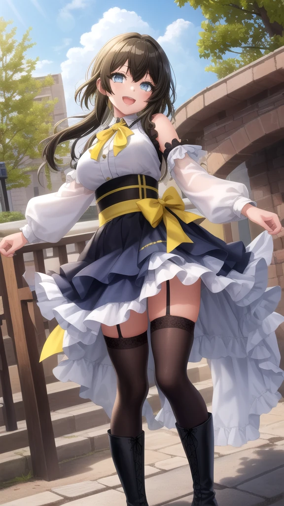 ((Tabletop, Highest quality, High resolution, , Pixel Perfect, 4K, ))), Beautiful woman,, alone, beauty、The whole body is visible、 (((Sexy Witch Cosplay), Long dark blonde wavy hair、Off-the-shoulder jacket, Dark blue flared skirt、Witch Hat、Mid-wave hair, bangs, Brown Hair)), ((Brown eyes, Beautiful eyelashes, Realistic eyes)), ((Detailed face, Blushing:1.2)), ((Smooth texture:0.75, Realistic texture:0.65, Realistic:1.1, Anime CG Style)), Center of chest, Dynamic Angle, Perfect body, ((,)), 、、Very embarrassing panic smile, 、Castle Town Square、(The wind flipped up her skirt, 、Touching the crotch with both hands、、Arms crossed pose、Show me your ass、Her white and light blue floral lace panties、)、Angle from below