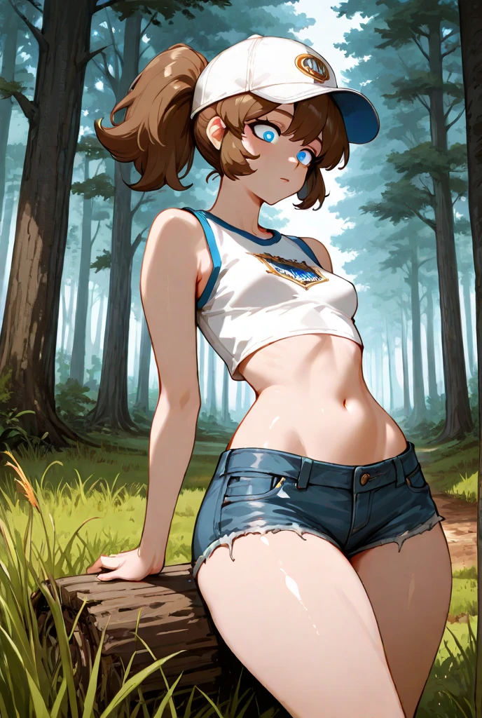 (Masterpiece), Best Quality, ultra-detailed, 1girl (Gwendolyn_Tennyson, beautiful face, breasts, orange hair, short hair, green eyes), , a charming face, smile, looking at viewer, solo, long sleeves, navel, belt, blue shorts,  white thighhighs, in the forest, , standing, one leg up, arms up, Full-body 