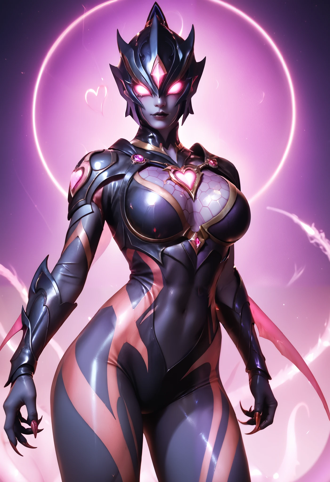 Ultraman Style Girl. Covered in black and purple skin. Pink lines. Glowing crystals on her chest. Sharp claws. Firm breasts. Curved waist. Thighs. A carapace covering her face. Armor-like skin. Honeycomb-patterned skin. Fusion with tentacles. A glowing pink heart tattoo.