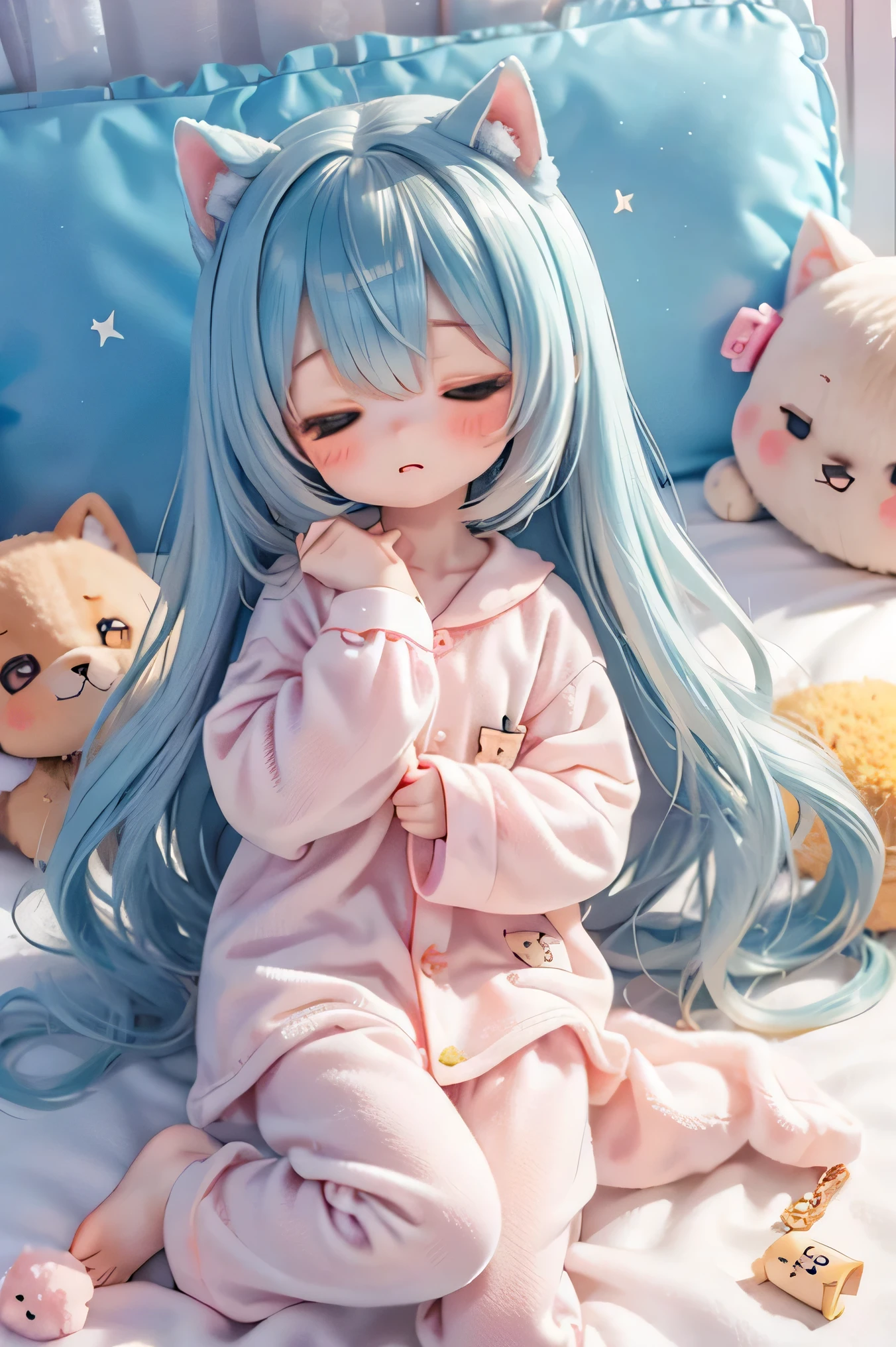 best quality, (solo, chibi:1.2), cute, sleepy, fluffy animal hood pajamas, yawning, wariza, on bed, indoors, bedroom, bubble