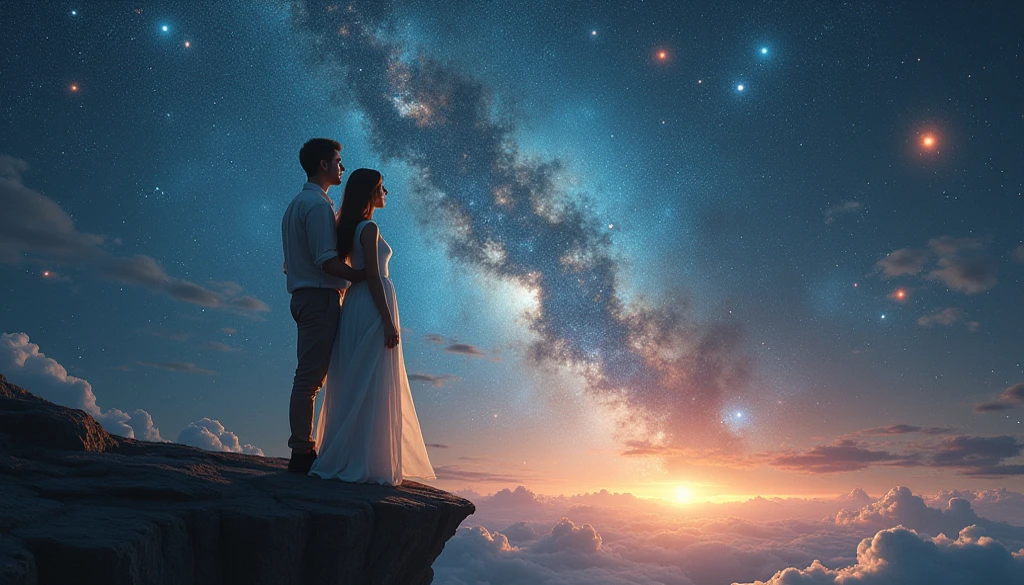Couple, Back view, Night view, initial, Girl R, Blonde,Medium, Moderate, Teenager R, Brown Hair, Man Bun,Lovers holding hands, Starry Sky 
