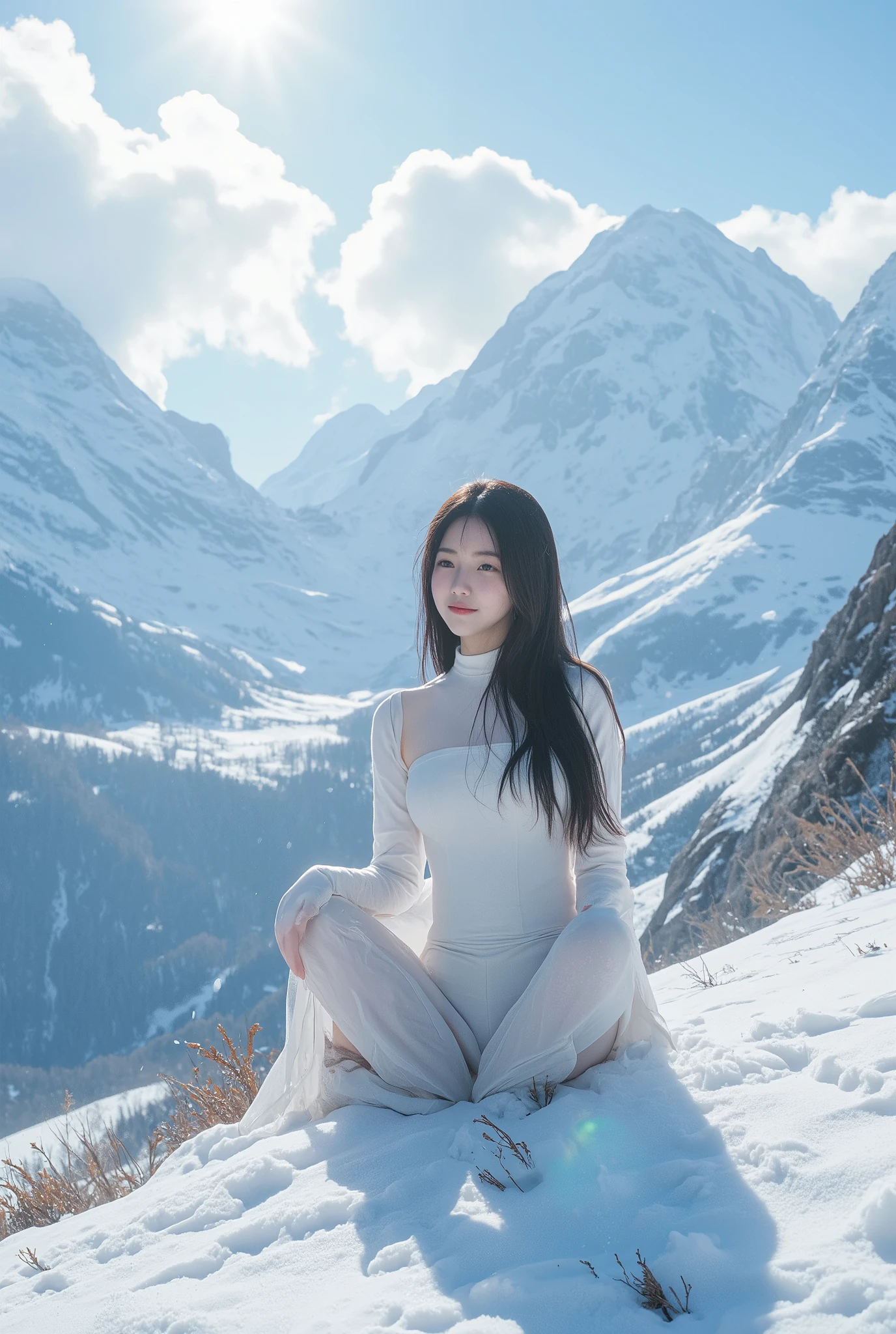 (ultra Realistic) , (illustration), (Enhance resolution), (8k), ( Extremely Detailed), ( detailed face ), Slim Body, in the dark , deep shadow, low profile, pureerosfaceace_v1, Happy smile, Winter, Mountain