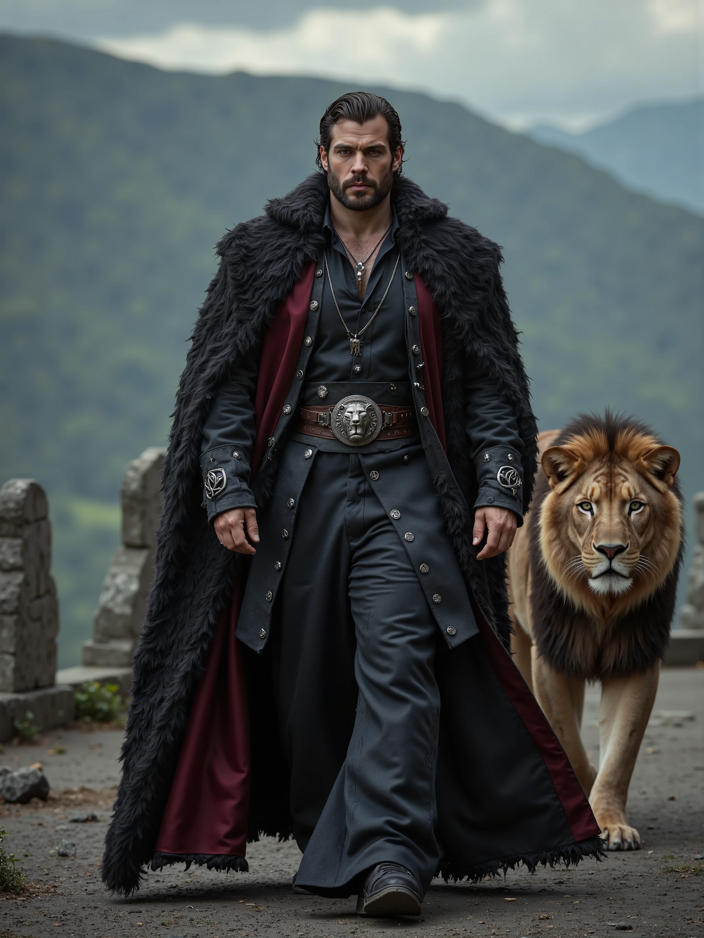 Henry Cavill reimagined as a majestic reimagined as dark gothic Tarot card Strength walking, next to him walks a large majestic lion、dramatic atmosphere, 1 male、
Wavy, dark chestnut hair swept back from a strong, angular face, with a trace of shadow along the jaw. Piercing steel-blue eyes,
He wears an ultra-luxurious gothic over-robe crafted from heavy black velvet and shadow-dyed brocade, its flowing layers richly embroidered with silver thorn patterns, ancient alchemical glyphs, and subtle lion silhouettes along the hem and cuffs. The deep hood, pushed back over his shoulders, is lined with crimson silk and delicate black lace, draping with a priest-like elegance.
Beneath, a long high-collared tunic of midnight satin, tailored close to the body, features pearl-button clasps and fine embroidery in dark metallic thread, depicting celestial arcs and bound constellations. A belt of braided black leather and tarnished silver links, engraved with occult symbols, cinches the robe at the waist.
A floor-length mantle of layered raven-feather silk, matte in texture and whispering with movement, hangs from his shoulders, fastened by a silver lion medallion clasp, weathered and radiant under the darkened sky,
, shows his male character's full figure, athletic body, perfect face, full body, extremely beautiful, god, male shape, perfect anatomy,
The background showcases a windswept rocky plateau, scattered with ancient runestones and jagged boulders. Above, a cloud-choked sky pulses with distant thunder, casting shifting light and shadow across the terrain. Beside him stands a majestic lion, its mane tousled by wind, gazing forward in perfect stillness—neither tamed nor restrained, but in silent unity with the man,
, photorealistic, masterpiece, realistic, high contrast, 8k, HD, high definition detailed, detailed, hyper detailed, realistic skin texture, best quality, ultra high resolution, hyper realistic, no text, very detailed eyes, dramatic lighting