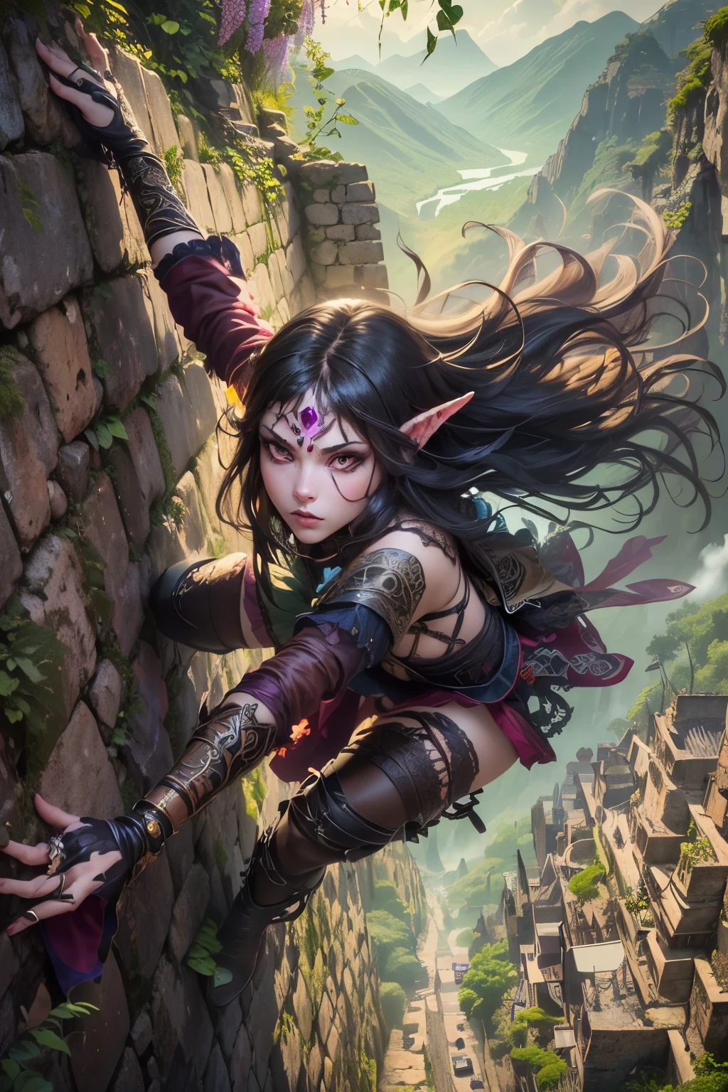 (Ultra-detailed face, Looking away, Gothic Illustration, Dark tone colors. She has five fingers on her hands and five toes on her feet.), BREAK
(Spring daytime when the sun shines brightly. A haze hangs in the air. Ancient stone ruins that create a mysterious atmosphere. Petals of spring flowers are dancing in the air.), BREAK
(A female dark elf adventurer is moving along a wall through a narrow passageway piled with stones. Her arms and legs are outstretched, and she hangs her limbs on the clues of the stone wall in a daring pose.), BREAK
(She has pure white hair, pure white eyebrows, blunt bangs, hair reaching to her waist that waves in the wind, small pink lips, lavender eyes, dark purple skin, and thick eyeliner. She enjoys adventure.), (She wears a traditional short, dark green, medieval European-style lace-up dress with cherry-red lace ribbon tie and embroidered cherry blossoms, and brown leather laced sandals.)