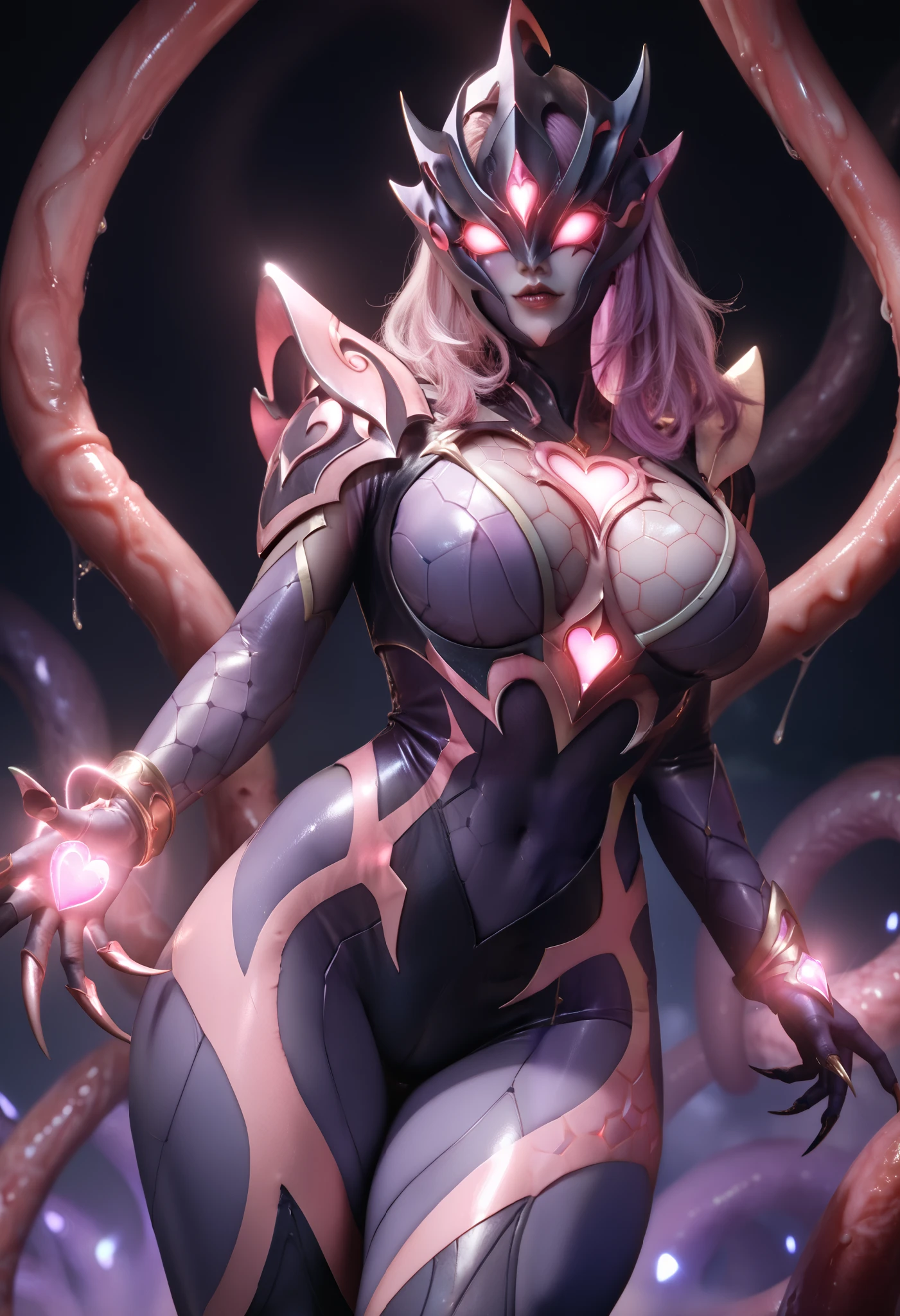 Ultraman Style Girl. Covered in black and purple skin. Pink lines. Glowing crystals on her chest. Sharp claws. Firm breasts. Curved waist. Thighs. A carapace covering her face. Armor-like skin. Honeycomb-patterned skin. Fusion with tentacles. A glowing pink heart tattoo.