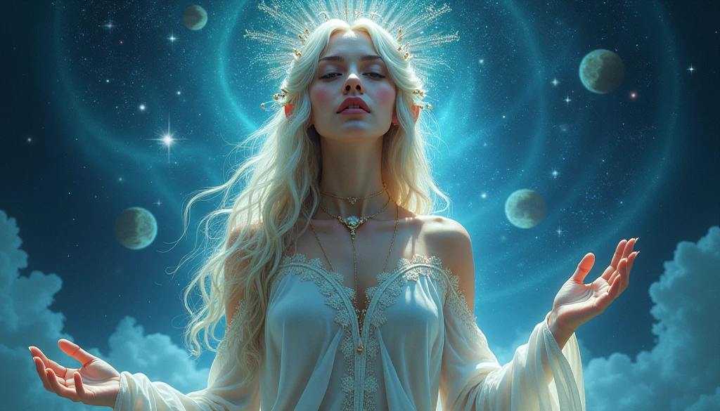 an astrological woman with platinum hair and the appearance of a goddess , In a place of millionaires